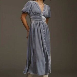 NWT Anthropologie The Katerina Button-Front Dress in Grey-Blue Velvet